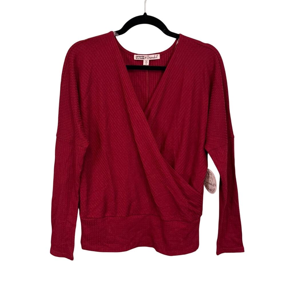 Gypsies & Moondust Sweater Womens M Red Waffle Knit Surplice Wrap Stretch NWT